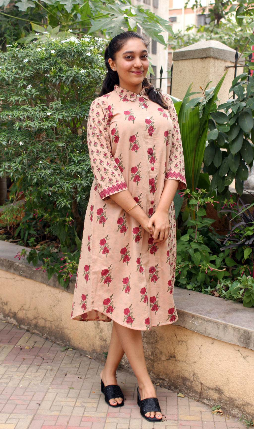 Beige And Maroon Floral Print Dress