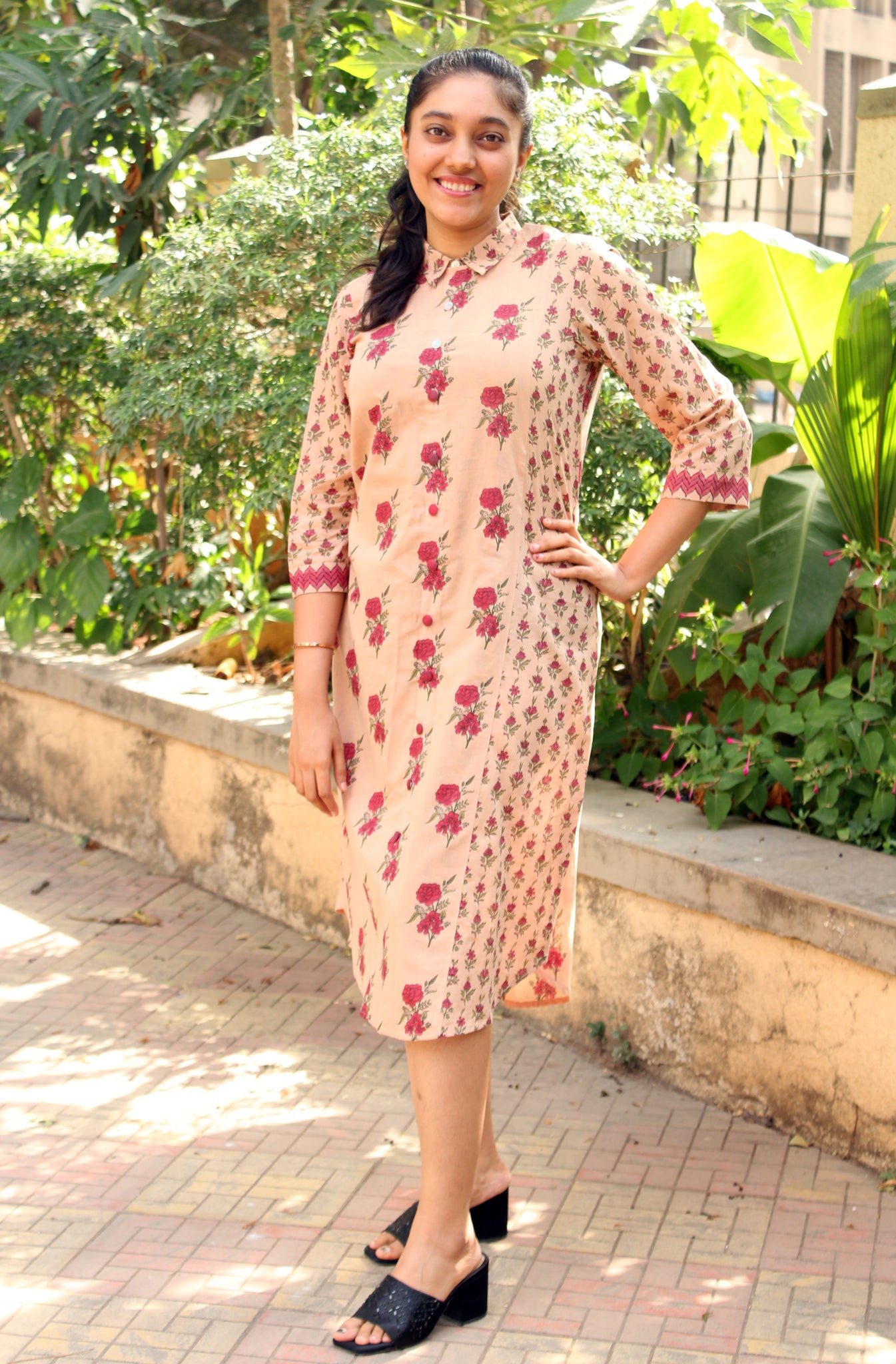 Beige And Maroon Floral Print Dress