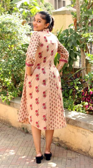 Beige And Maroon Floral Print Dress