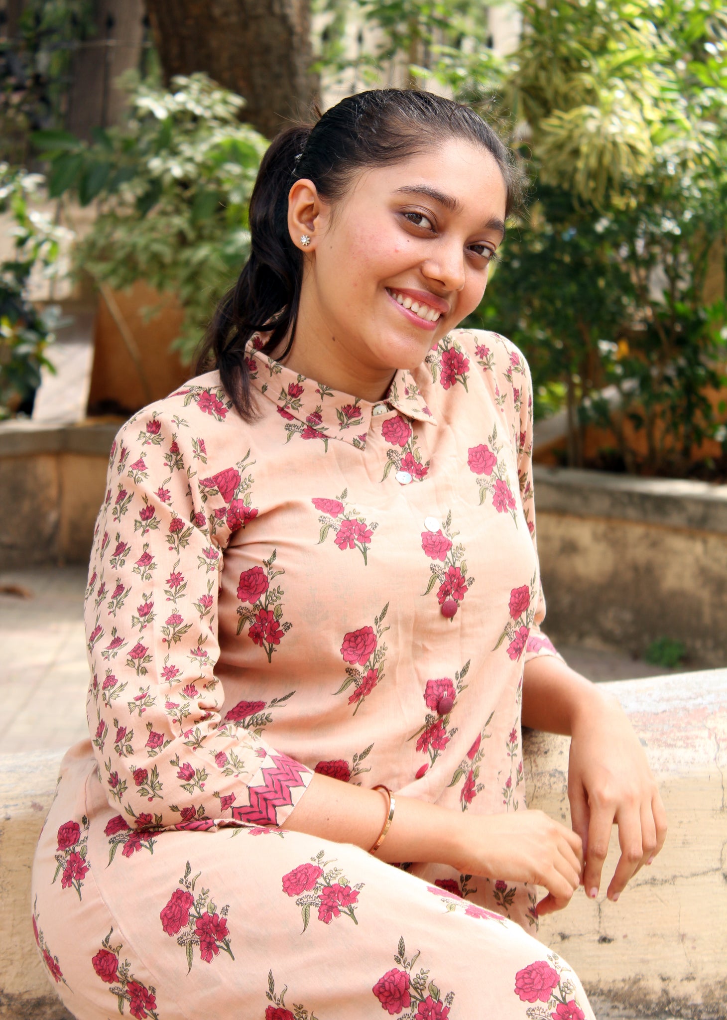 Beige And Maroon Floral Print Dress