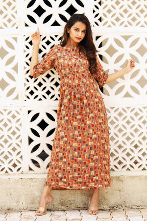 Abstract Print Box Pleat Dress