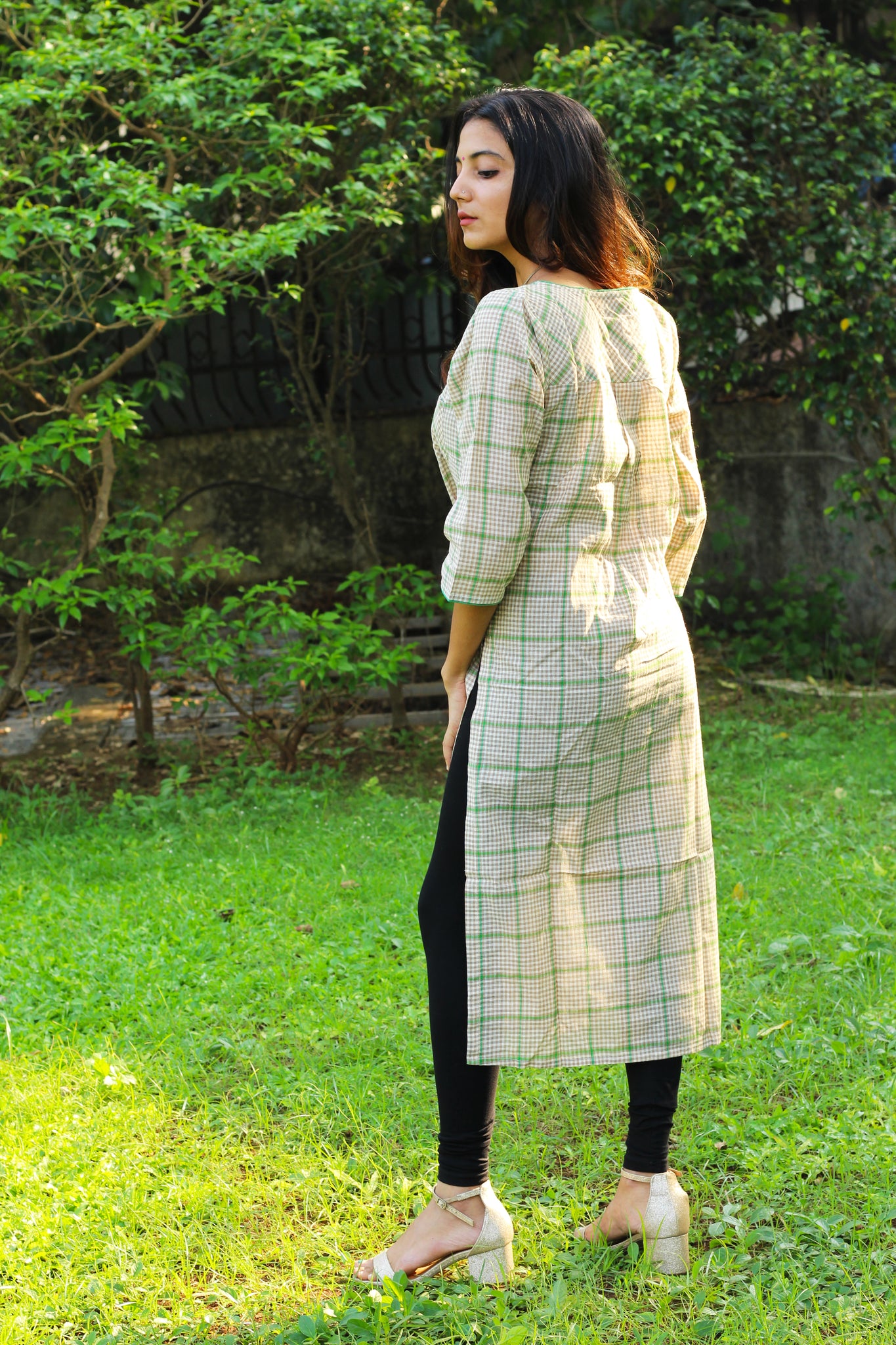 Beige And Green Checks Kurta