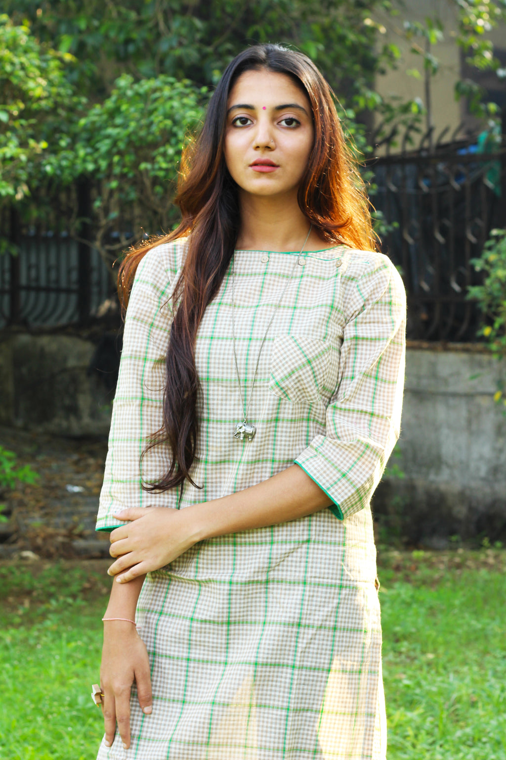 Beige And Green Checks Kurta