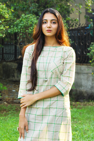 Beige And Green Checks Kurta