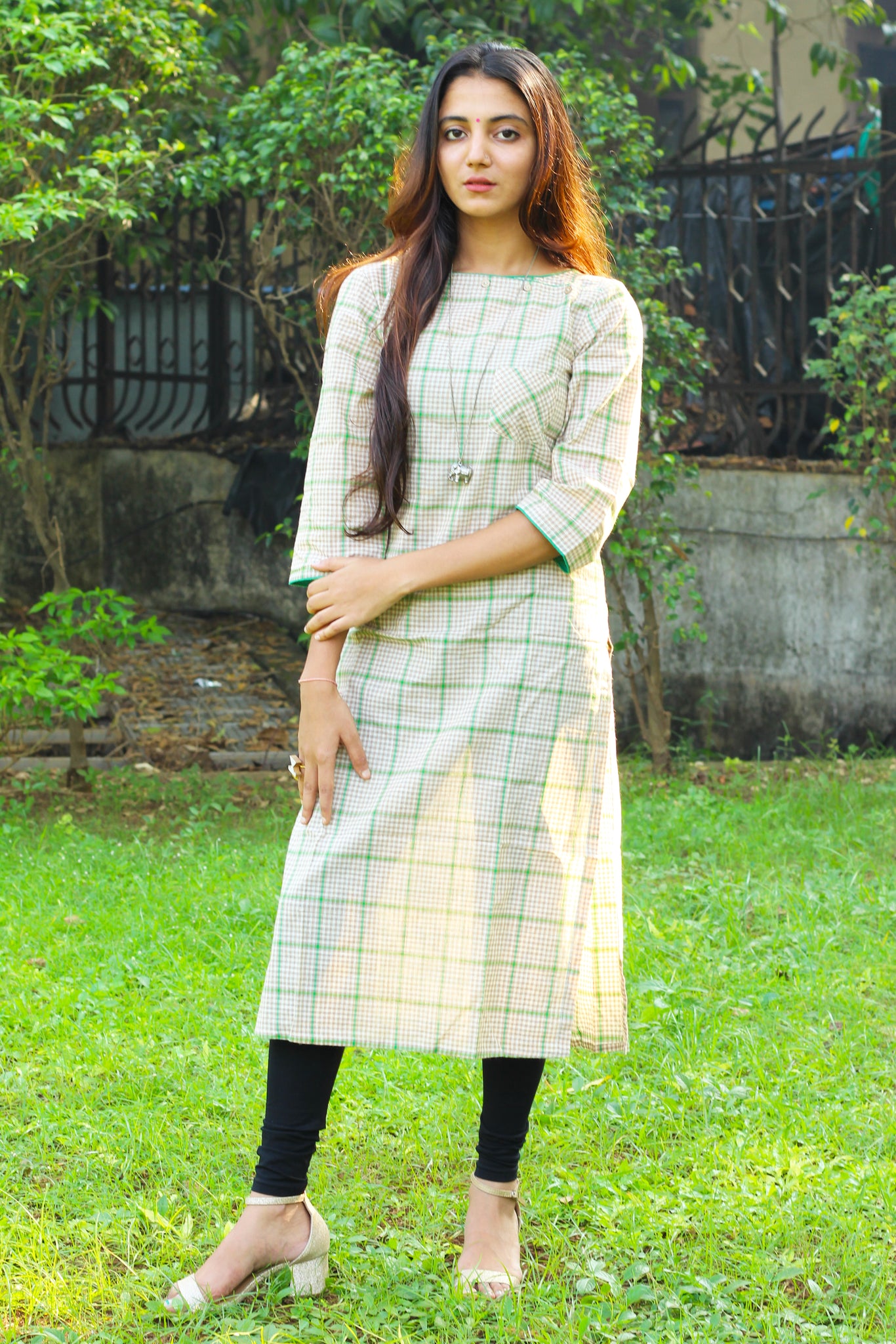 Beige And Green Checks Kurta