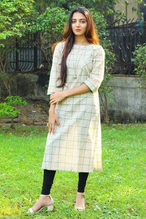 Beige And Green Checks Kurta