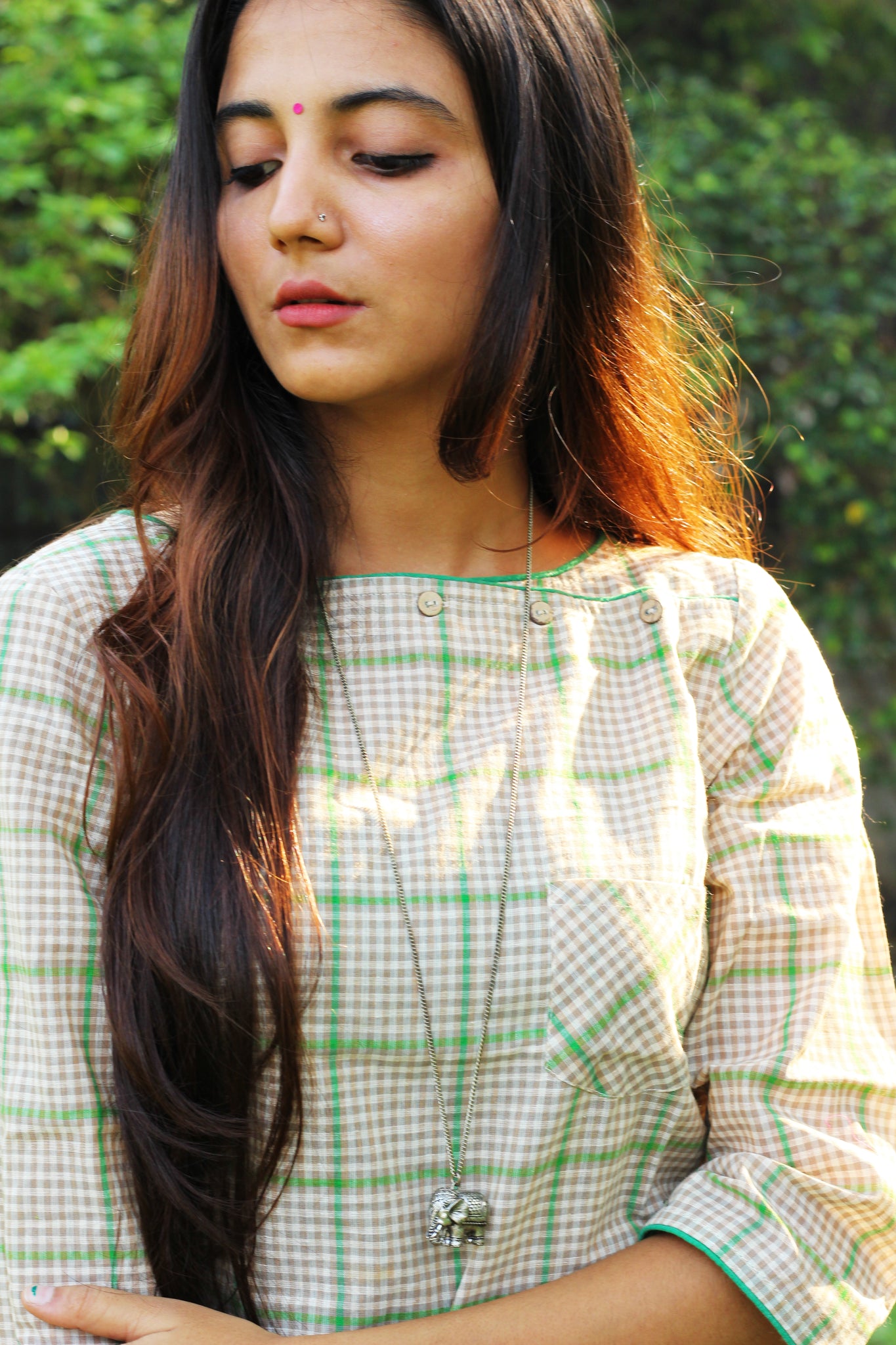 Beige And Green Checks Kurta