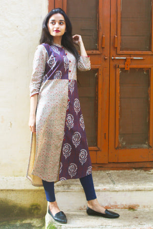 Beige And Maroon Paneled Kurta