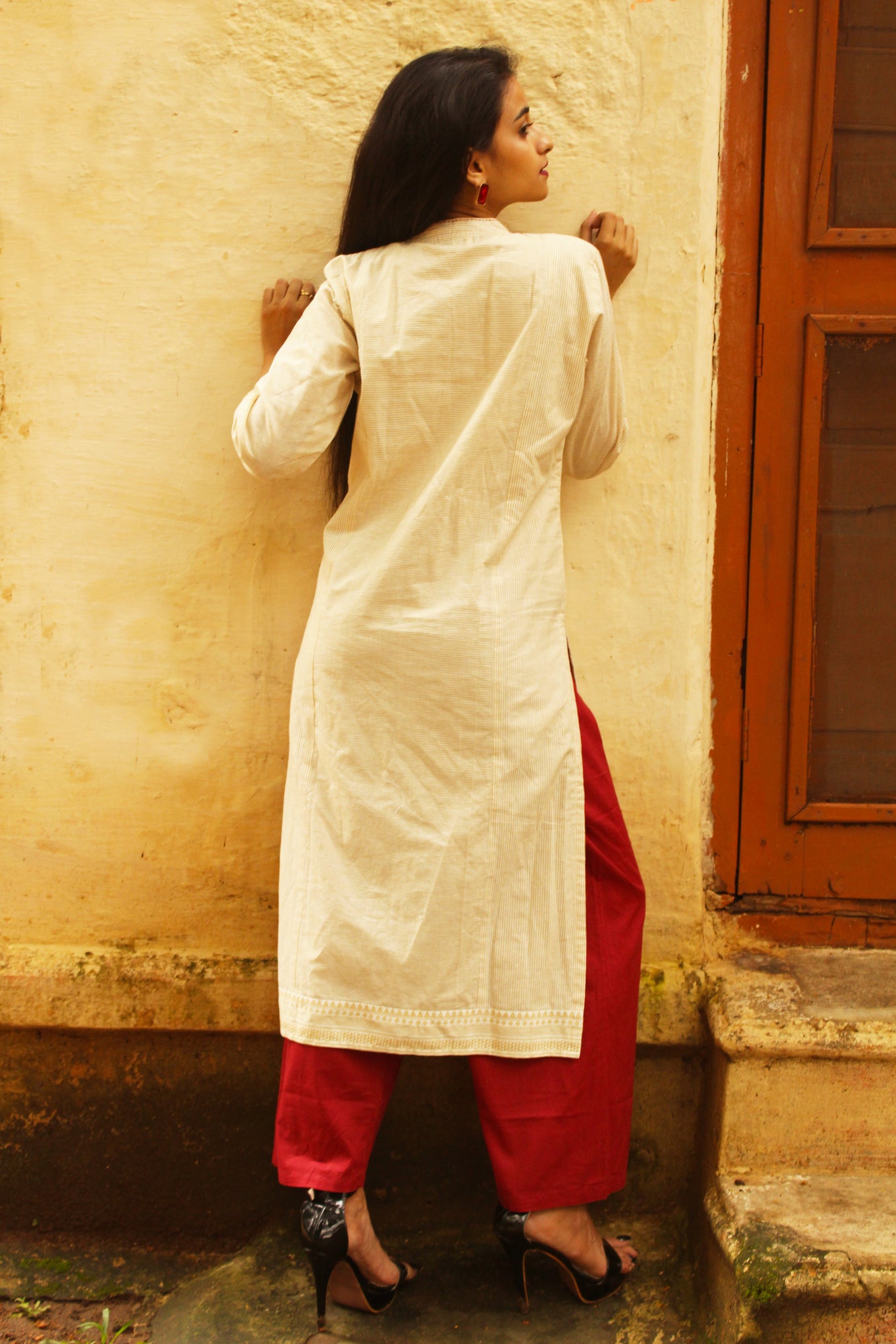 Beige Stripe Hand Embroidery Kurta