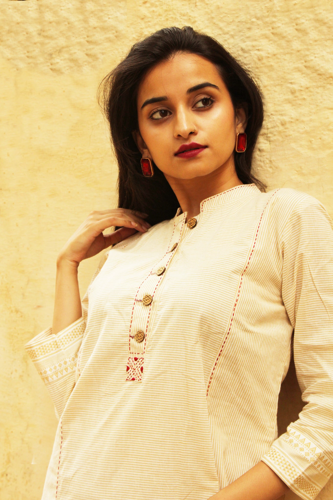Beige Stripe Hand Embroidery Kurta