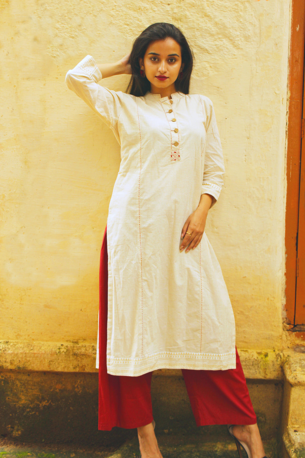 Beige Stripe Hand Embroidery Kurta