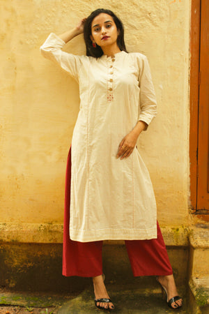 Beige Stripe Hand Embroidery Kurta