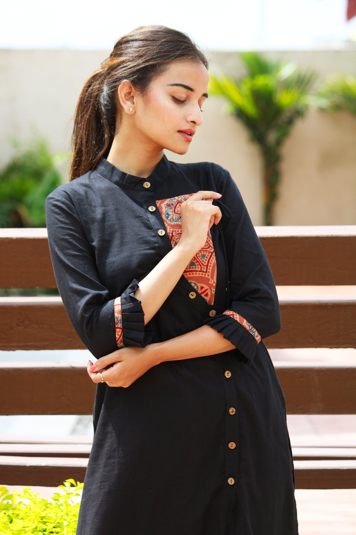 Black Cotton Slub Kurta