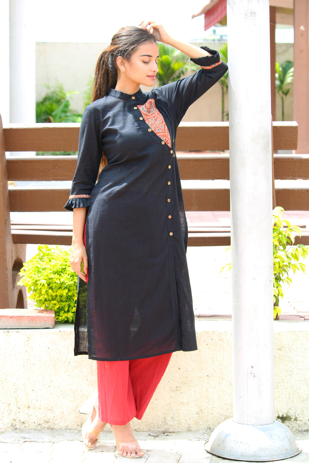 Black Cotton Slub Kurta