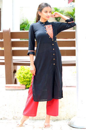 Black Cotton Slub Kurta