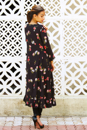 Black Floral Print Jacket with Inner Set
