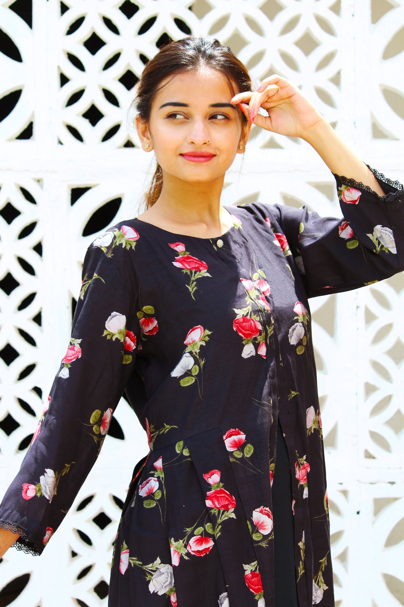 Black Floral Print Jacket with Inner Set