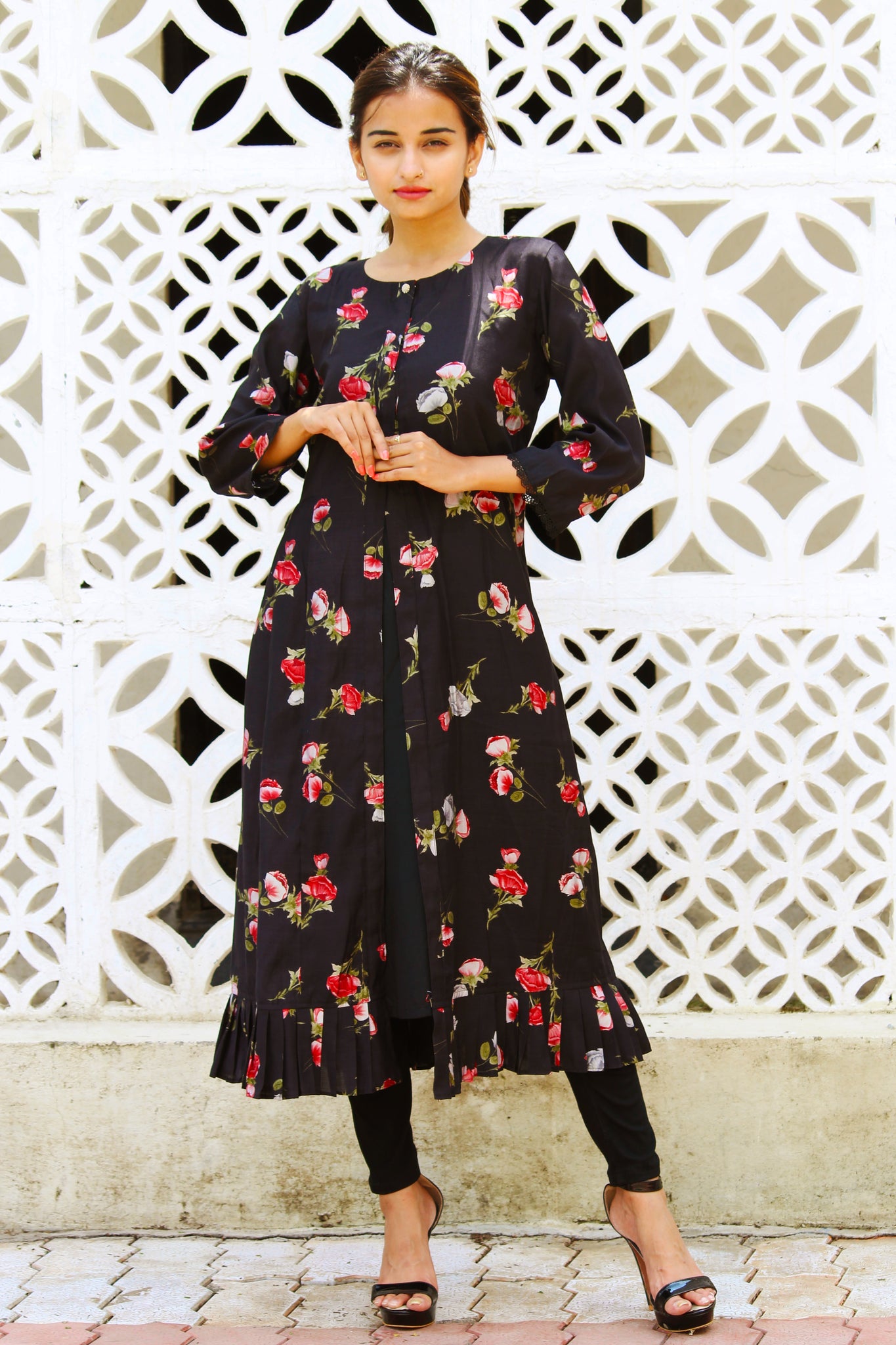 Black Floral Print Jacket with Inner Set