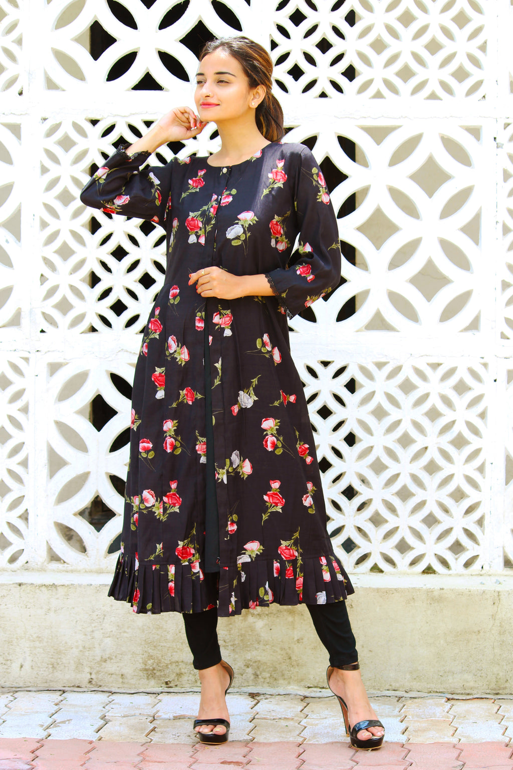 Black Floral Print Jacket with Inner Set