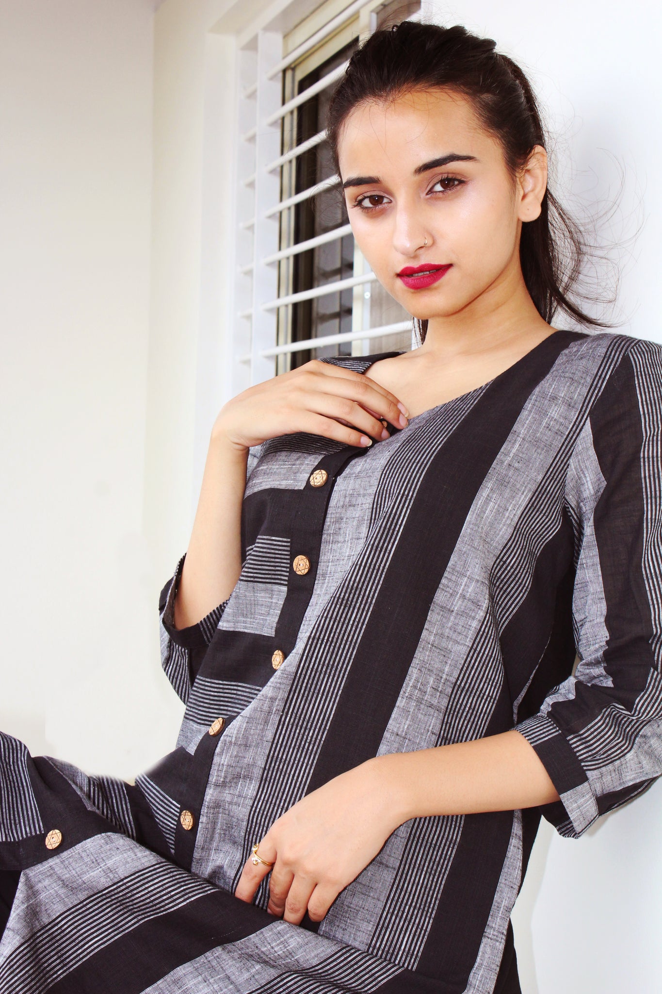 Black And Grey Stripes Cotton Kurta
