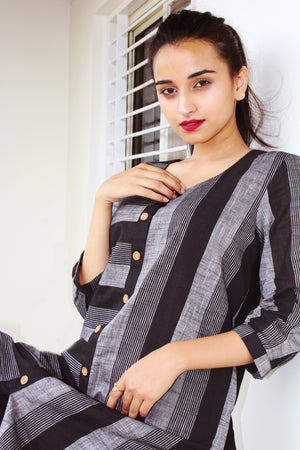 Black And Grey Stripes Cotton Kurta
