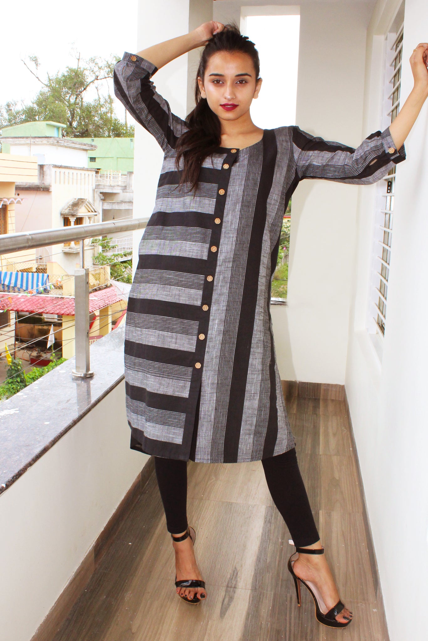 Black And Grey Stripes Cotton Kurta