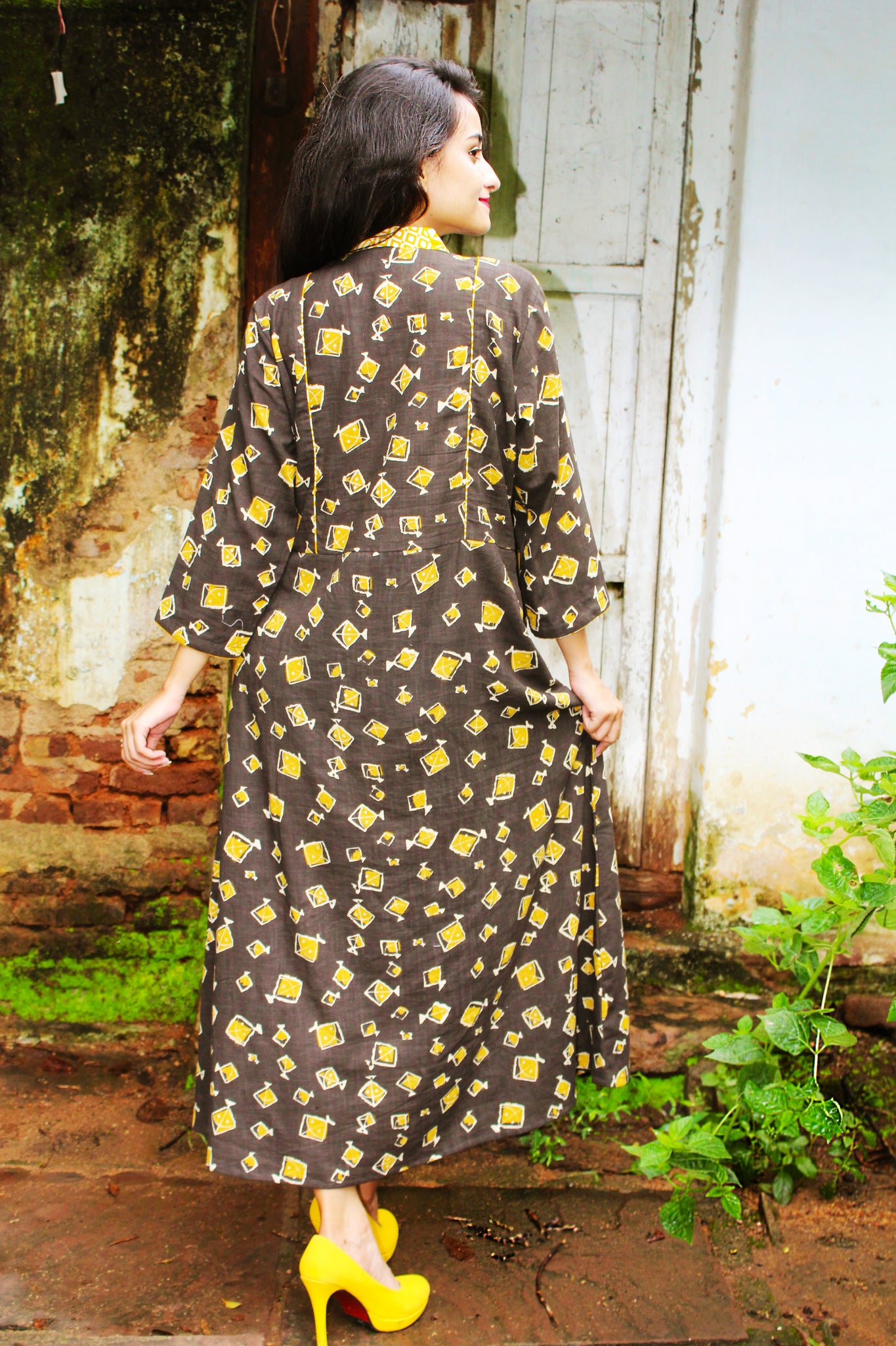 Brown Kite Print Cotton Slub Dress