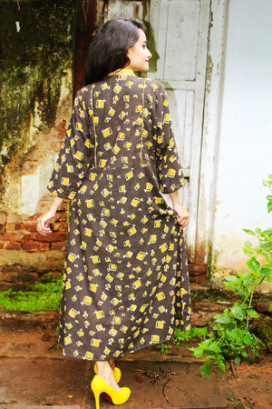 Brown Kite Print Cotton Slub Dress