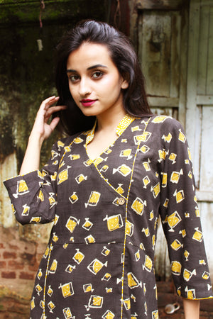 Brown Kite Print Cotton Slub Dress