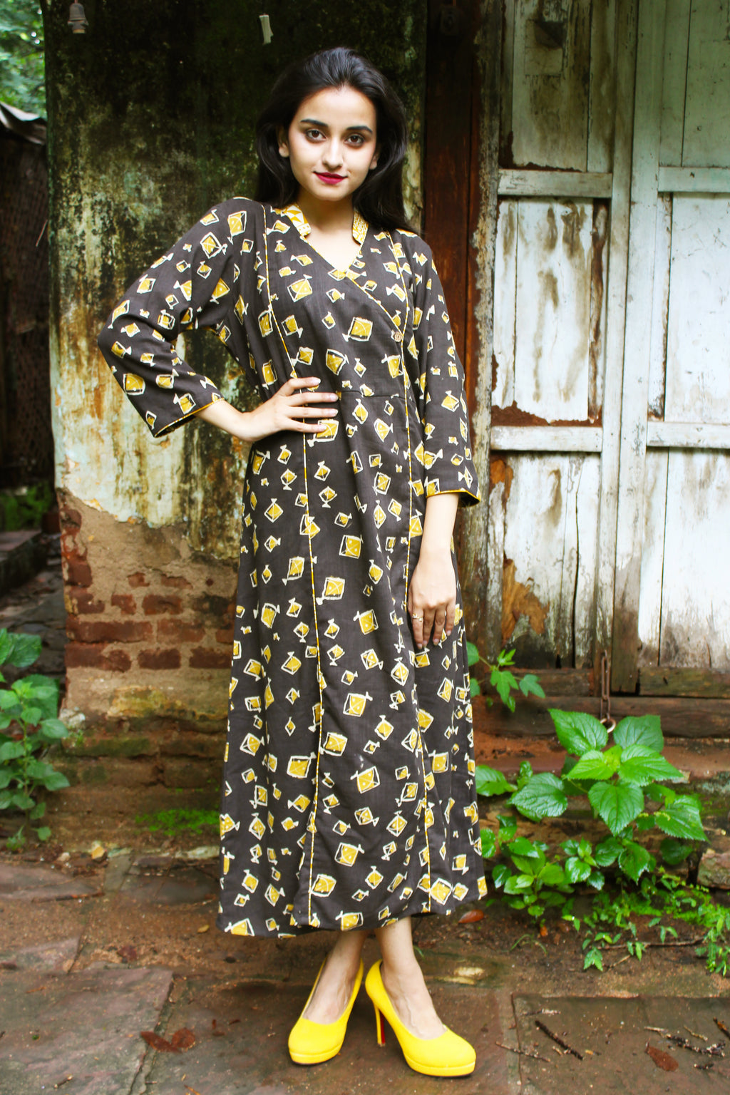 Brown Kite Print Cotton Slub Dress