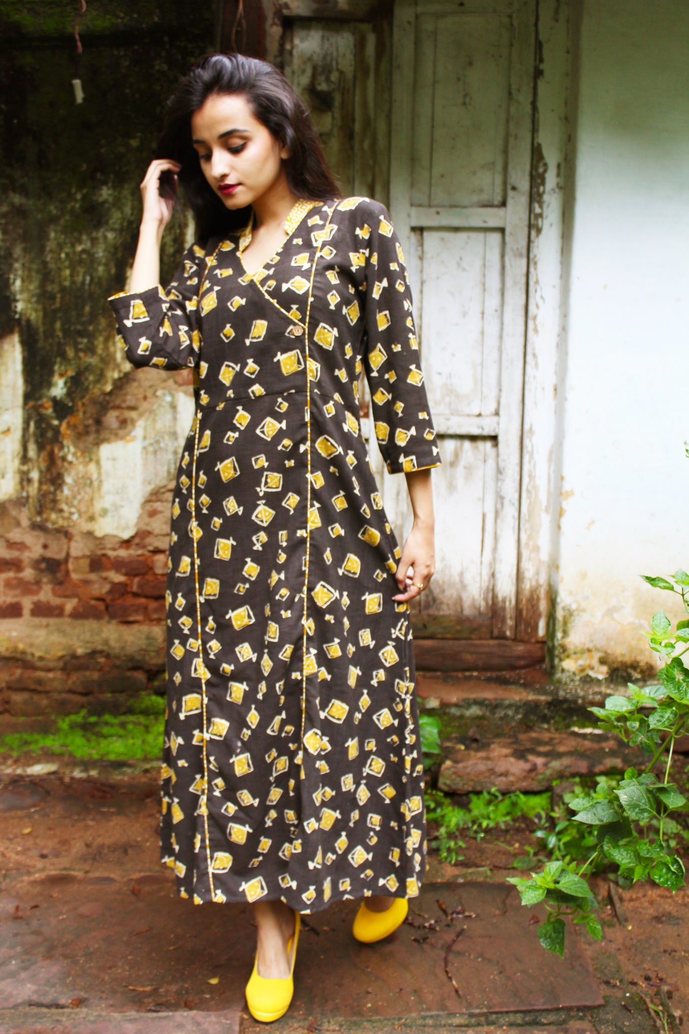 Brown Kite Print Cotton Slub Dress