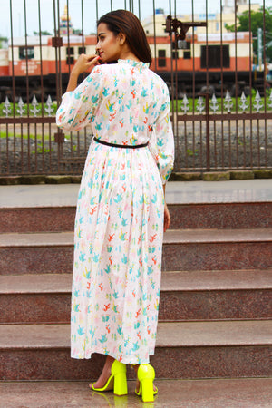 Cactus Print Ruffle Neck Long Dress