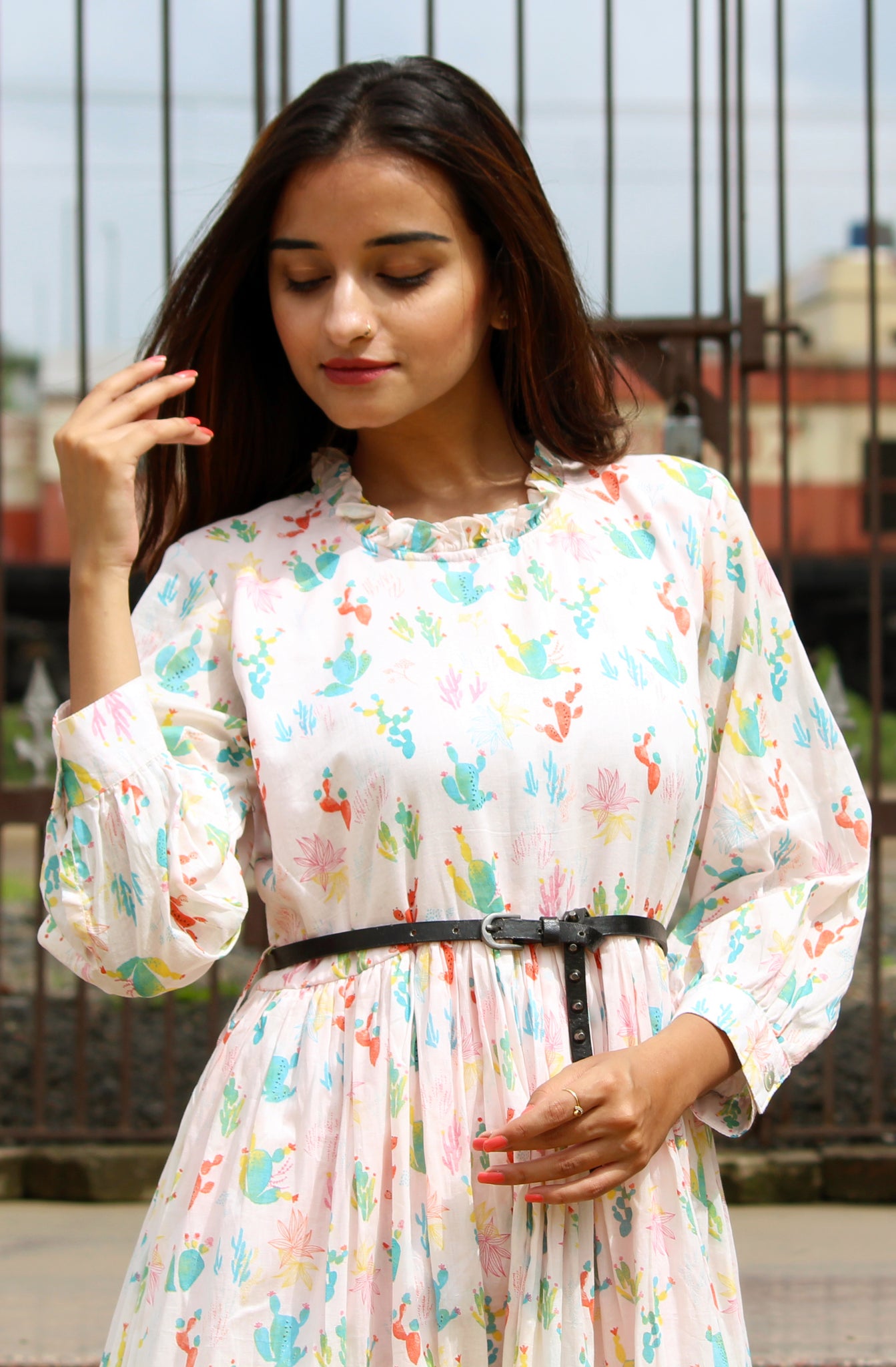 Cactus Print Ruffle Neck Long Dress