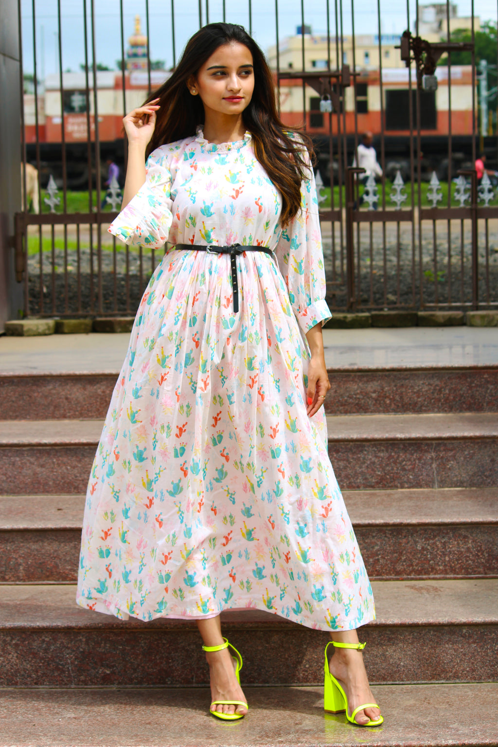 Cactus Print Ruffle Neck Long Dress