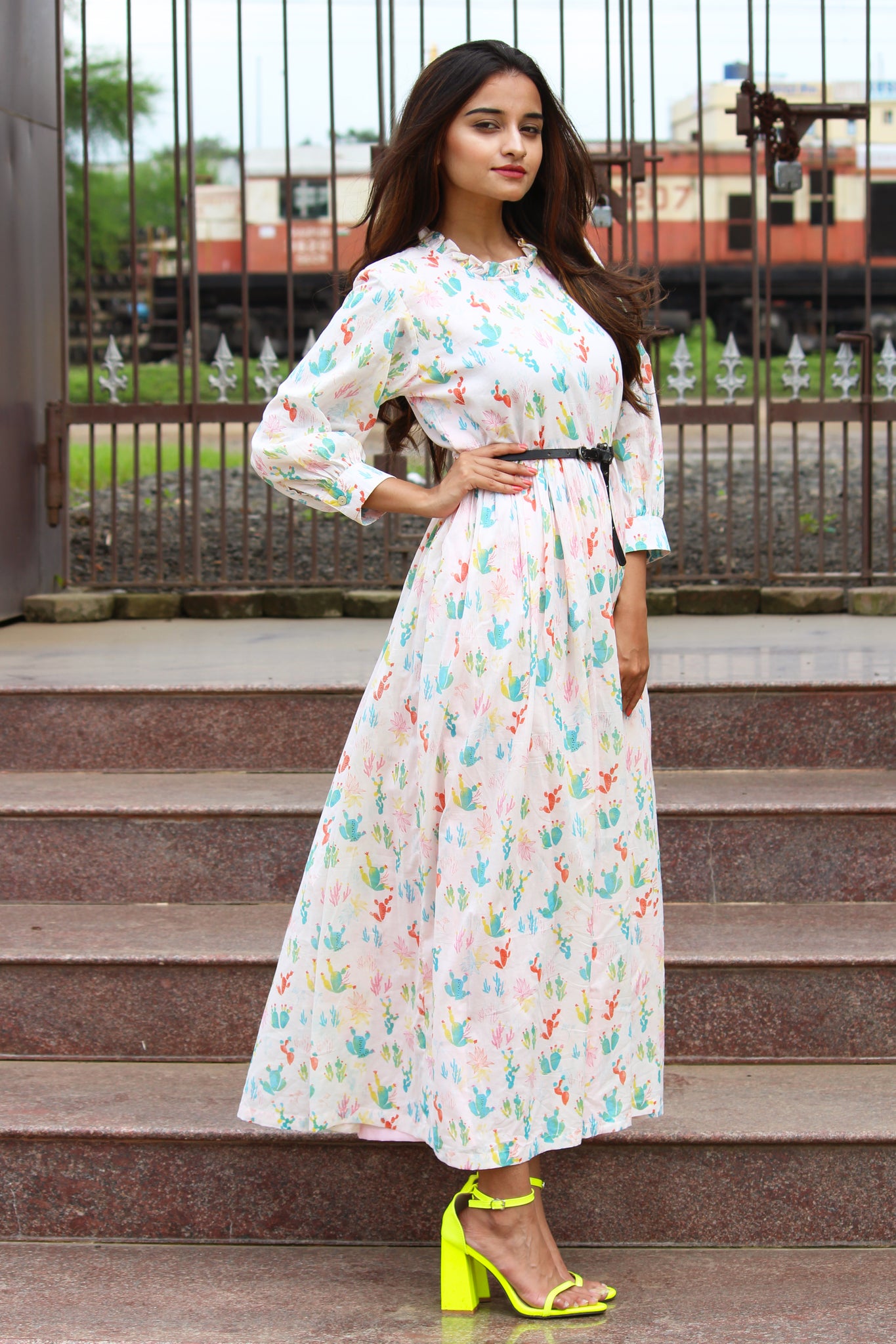Cactus Print Ruffle Neck Long Dress