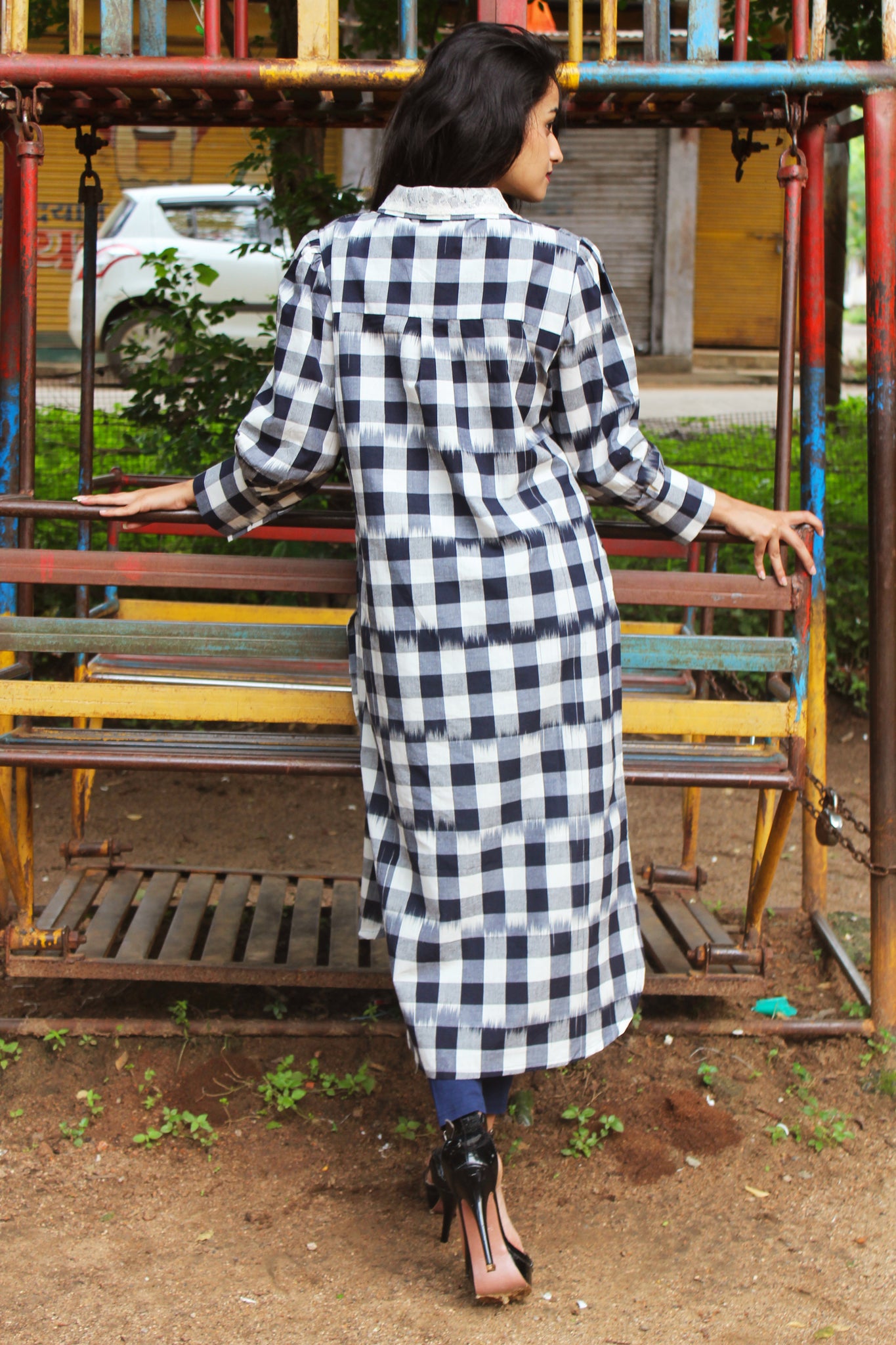 Check and Ikkat Peter Pan Collar Kurta