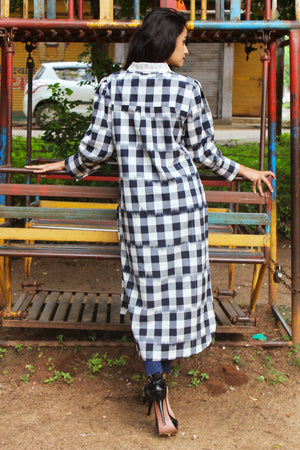 Check and Ikkat Peter Pan Collar Kurta