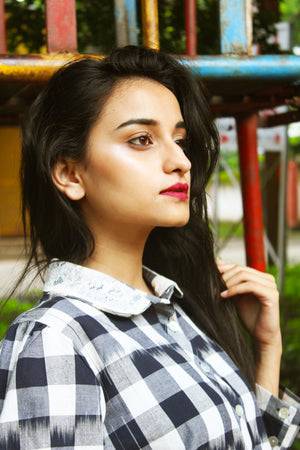 Check and Ikkat Peter Pan Collar Kurta