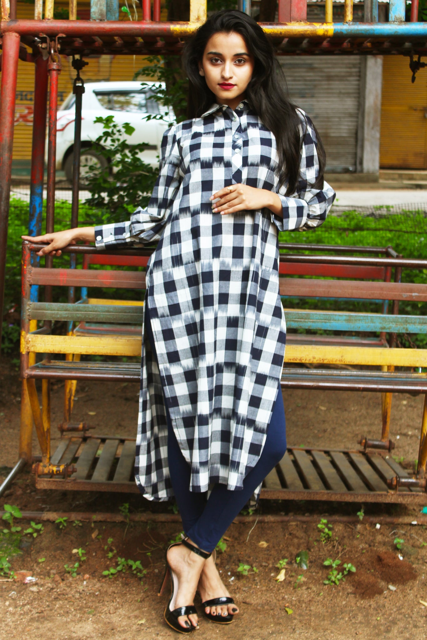 Check and Ikkat Peter Pan Collar Kurta
