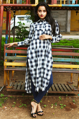 Check and Ikkat Peter Pan Collar Kurta