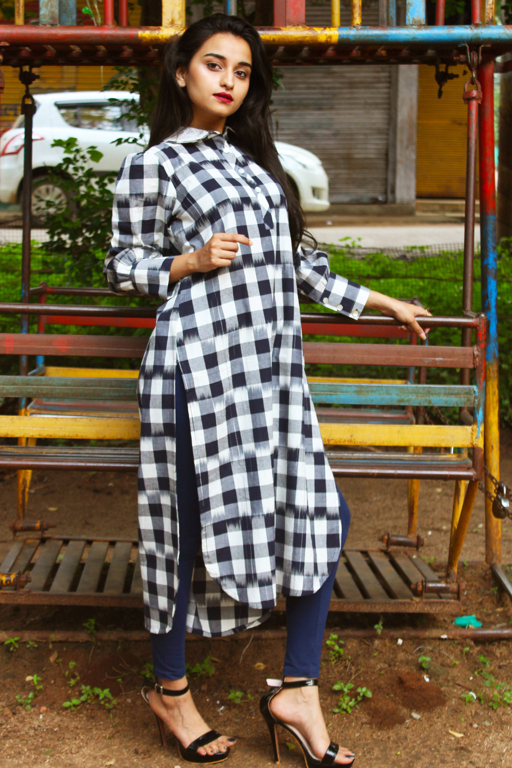 Check and Ikkat Peter Pan Collar Kurta