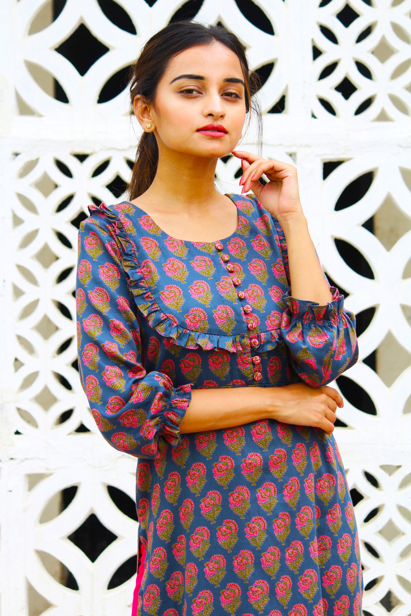 Floral Print Ruffle Kurta