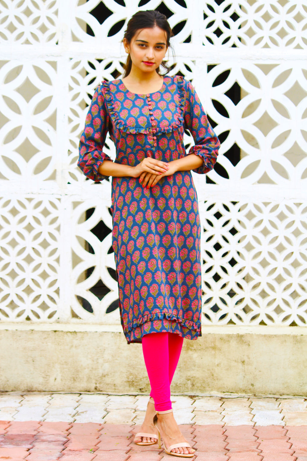 Floral Print Ruffle Kurta