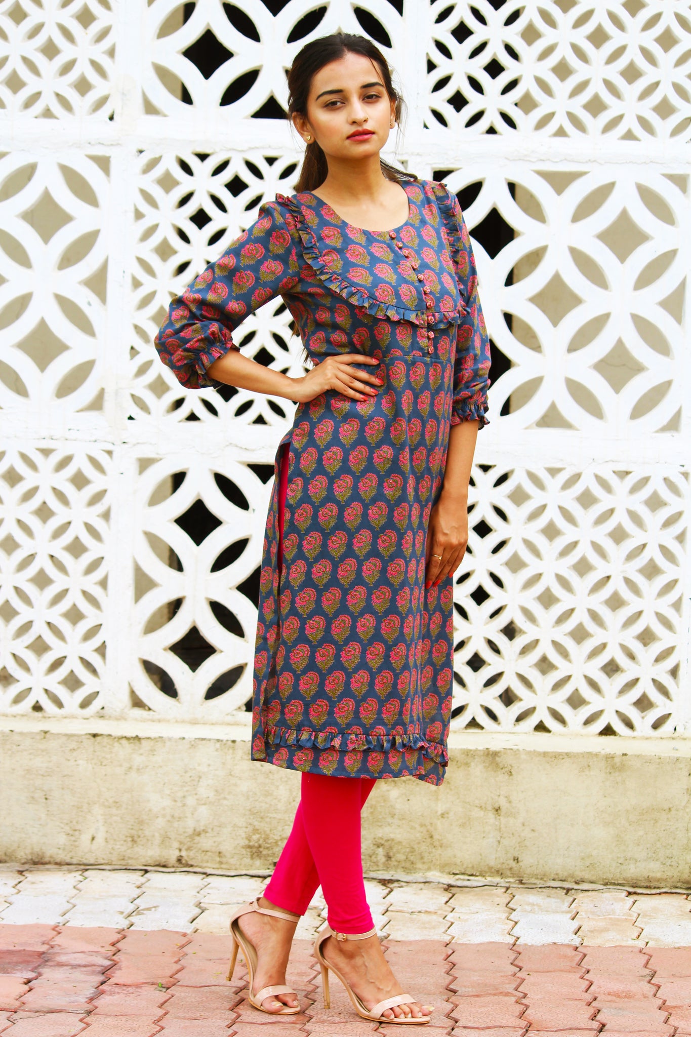 Floral Print Ruffle Kurta