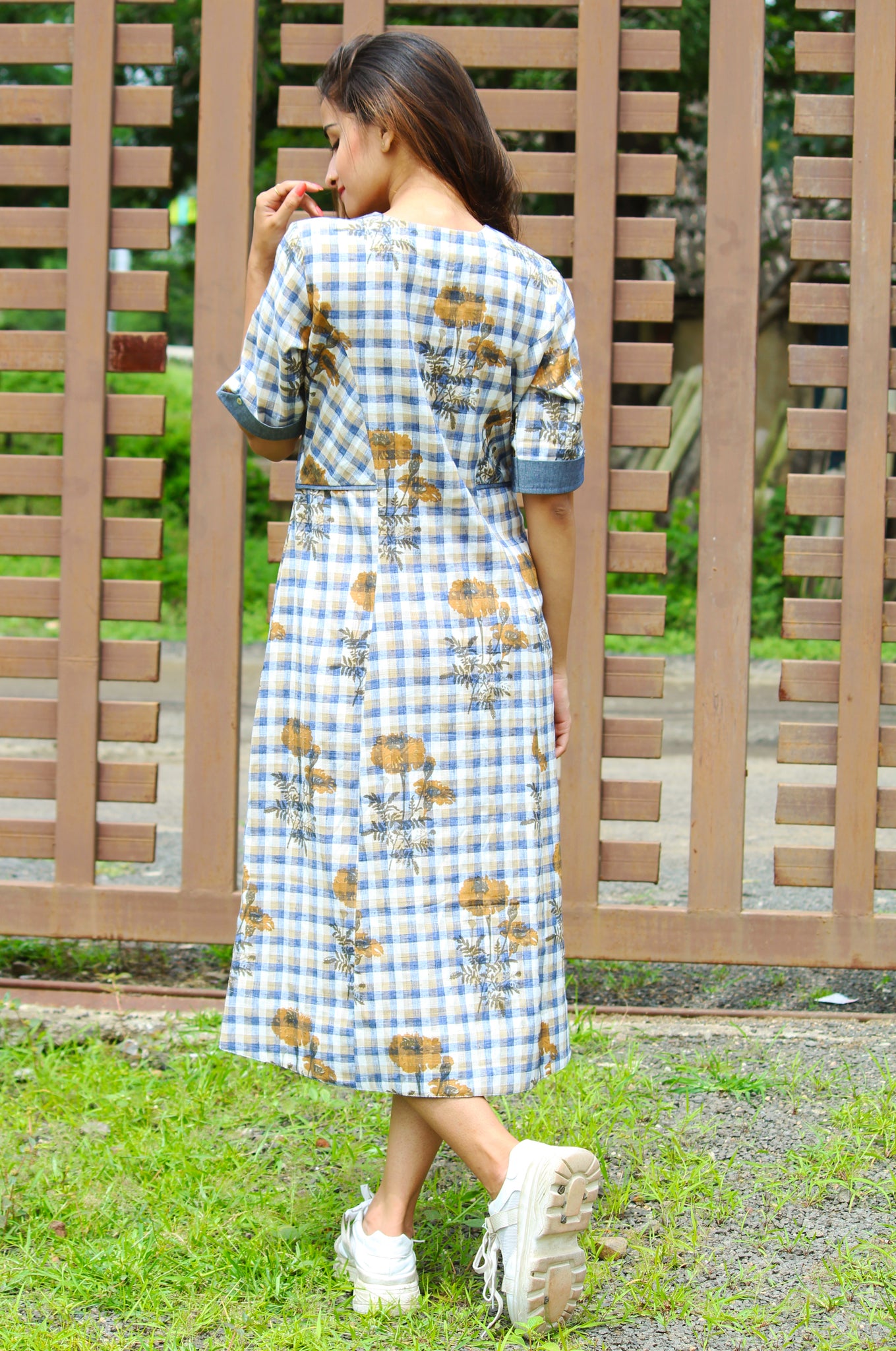Floral Print Yarn Dyed Cotton Dress