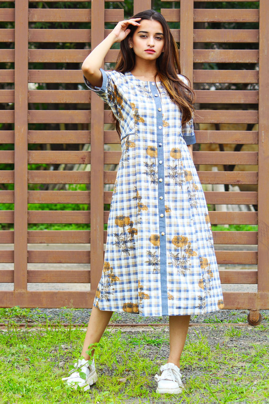 Floral Print Yarn Dyed Cotton Dress