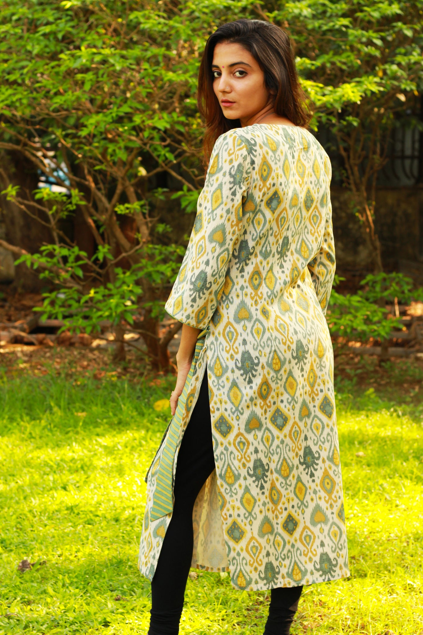 Green Ikat Print Tie Up Kurta