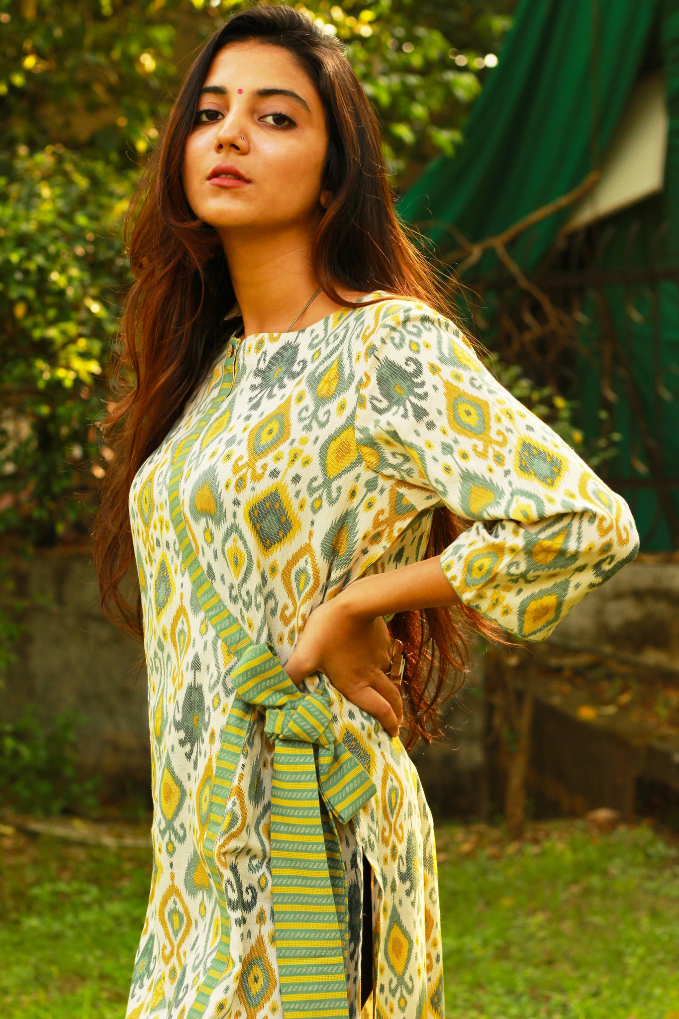 Green Ikat Print Tie Up Kurta
