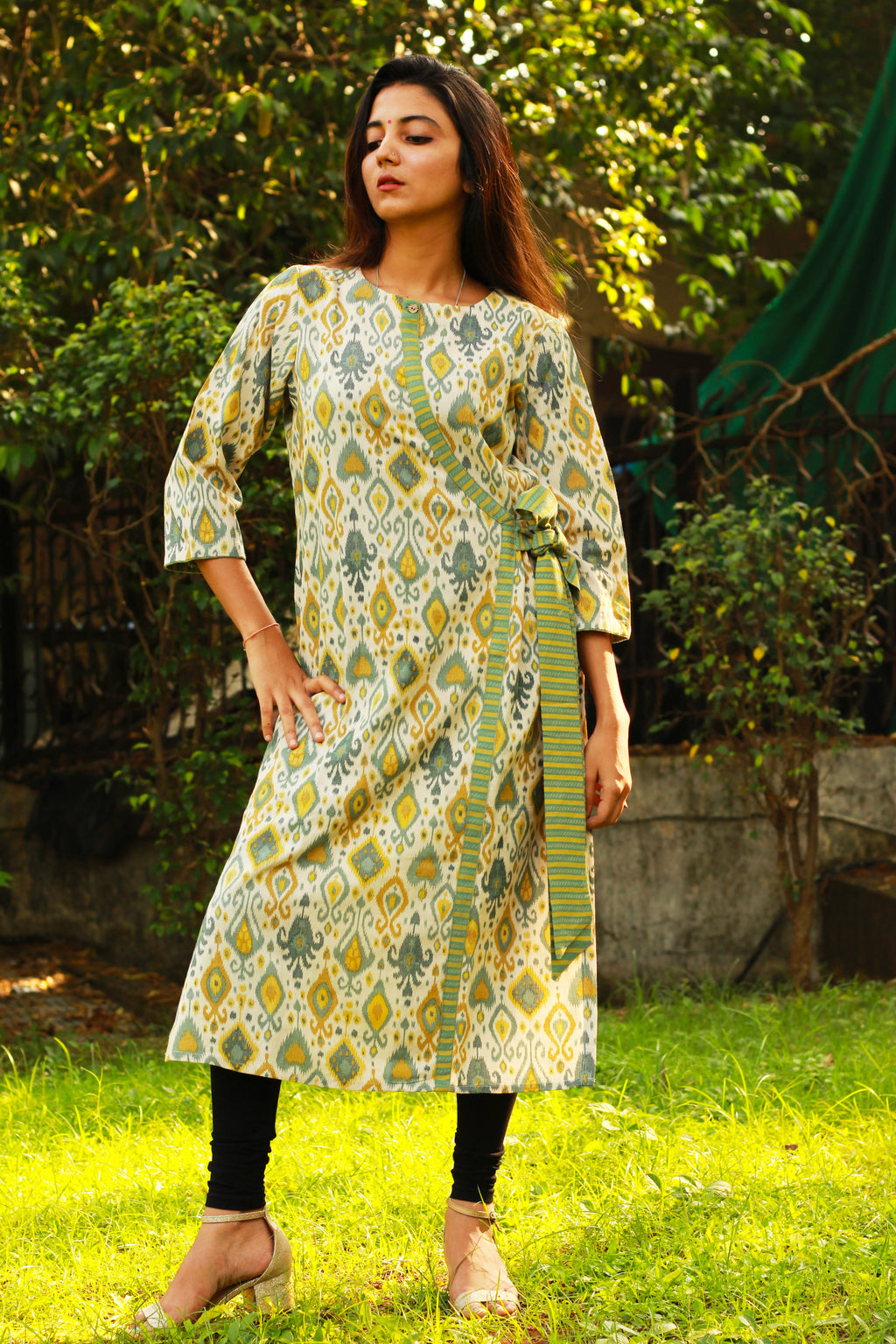 Green Ikat Print Tie Up Kurta