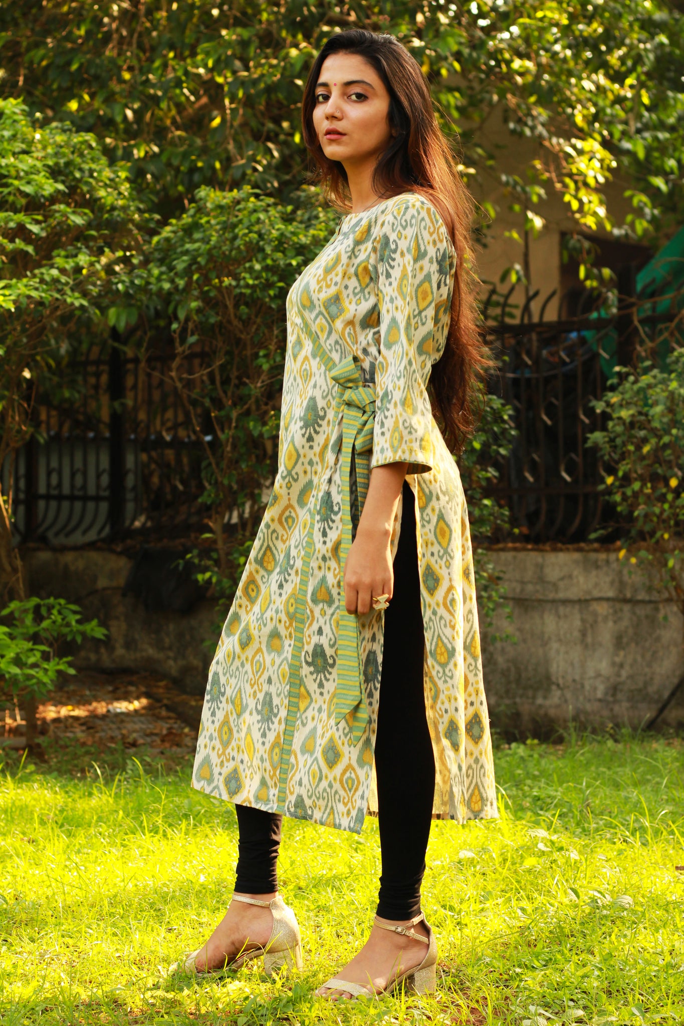Green Ikat Print Tie Up Kurta